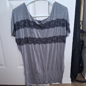 Maurices Charcoal Blouse with Black Lace Stripes